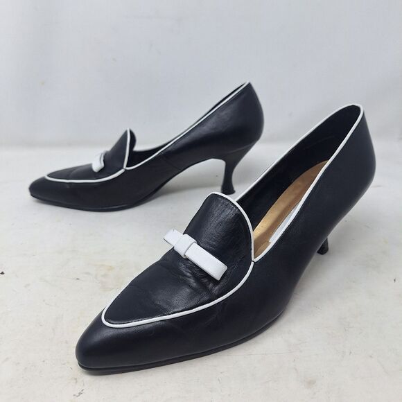 Amanda Smith Black White Leather Pointed Toe Heels Bow Minimalist Preppy Size 9 - Picture 1 of 12